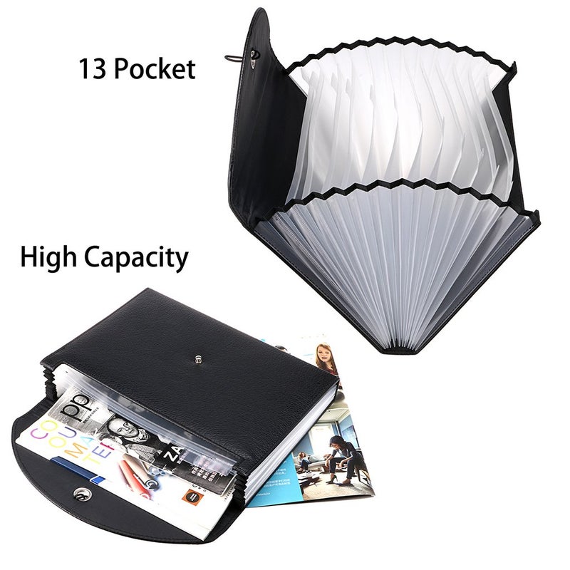 BTSKY PU Leather Expanding File Folders-13 Pockets A4 Letter Size Paper File Folder Accordion Business Document Organizer with Fasteners and Tabs (Black) - Image 3